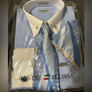 Daniel Ellissa Light Blue Two Tone Shirt / Tie / Hanky Set With Cufflinks